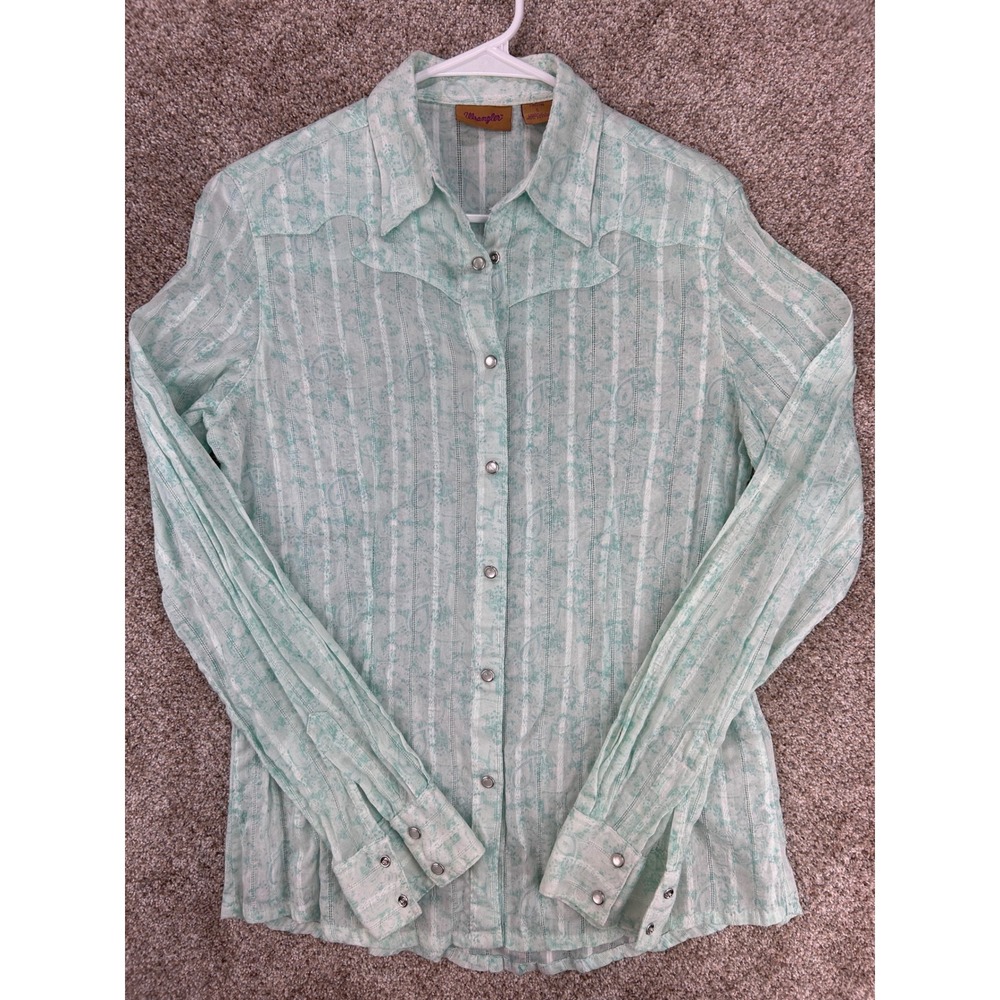 Wrangler Cowgirl Prairie Womens Mint Green Paisley Stripe Western Snap Shirt Sm